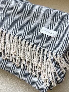 SFERRA Celine Throw Blanket 100% Cotton Twisted Fringe 51” x 71” Navy